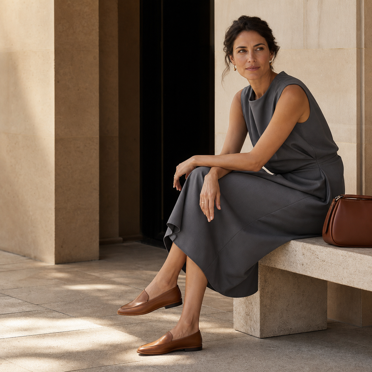 Woman in a slate grey dress seated in a warm stone colonnade