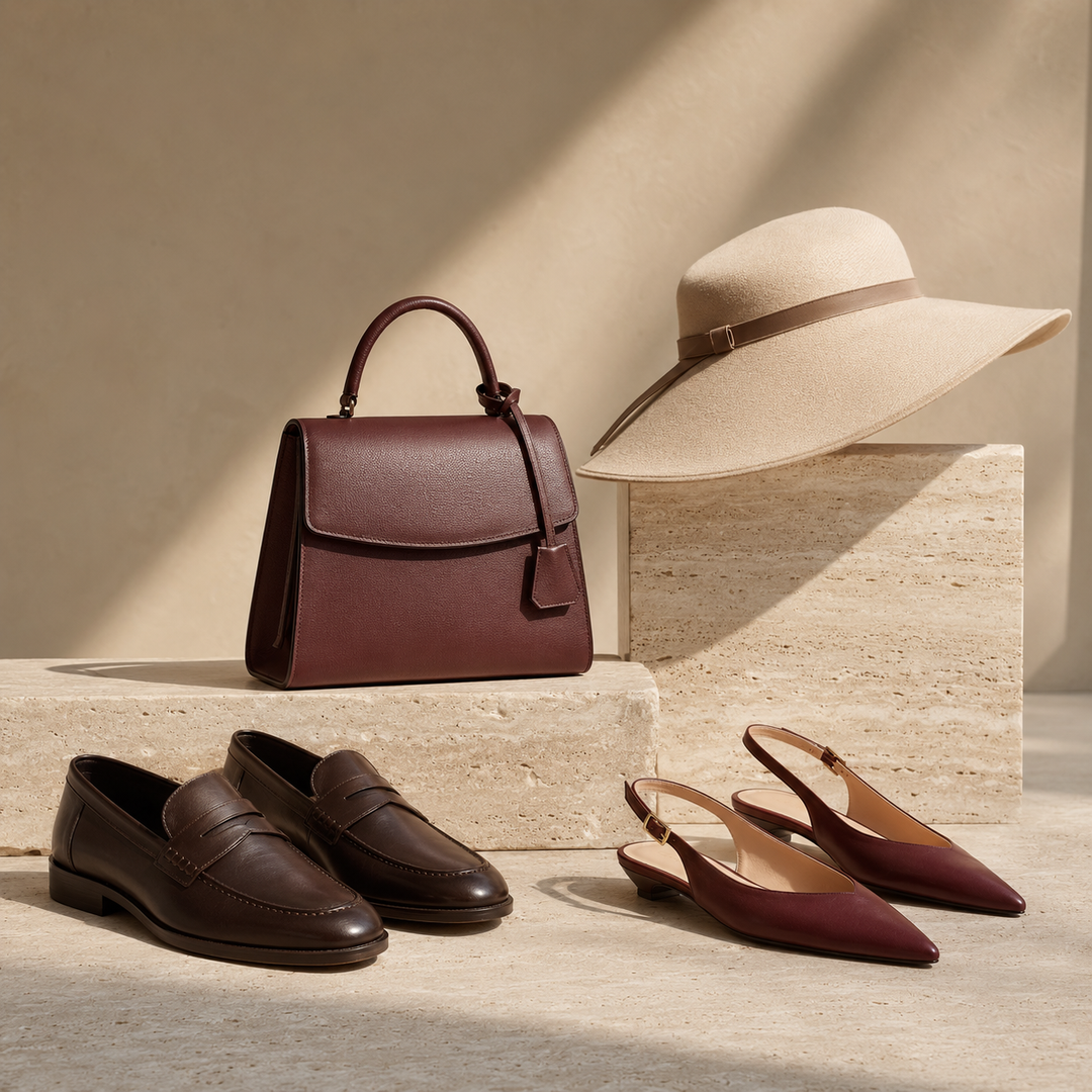 Harrow & Quinn Accessories collection featuring a women’s handbag and hat with men’s loafers and women’s slingback shoes
