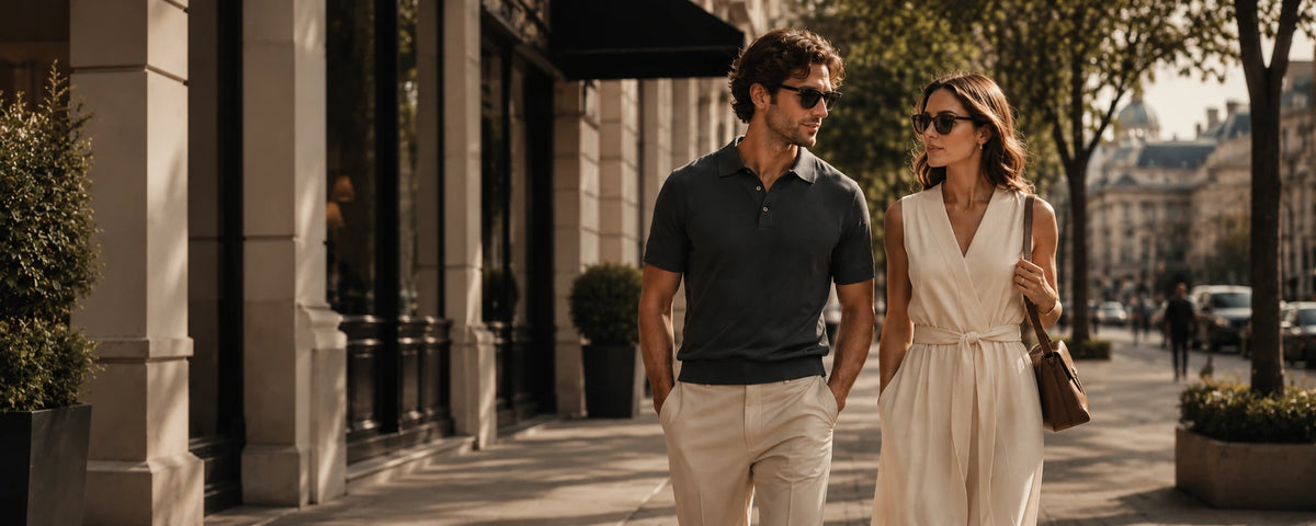 A man and woman in understated neutral outfits walking along a city street