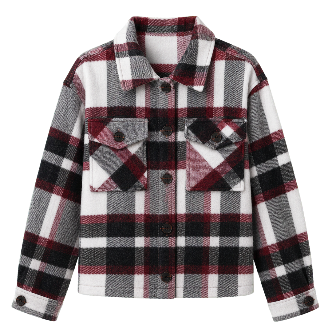 Harrow & Quinn Amelia Plaid Jacket in Merlot Plaid flat product image transparent background