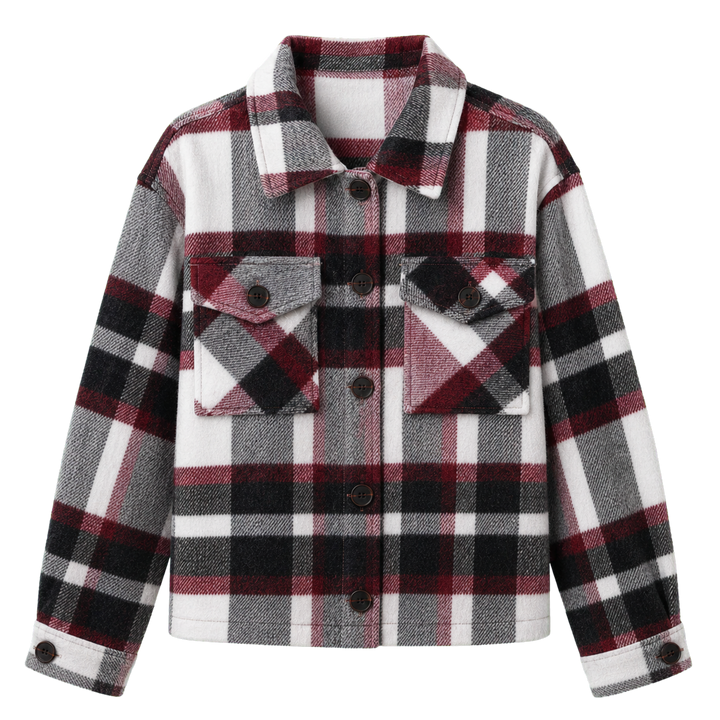 Harrow &amp; Quinn Amelia Plaid Jacket in Merlot Plaid flat product image transparent background