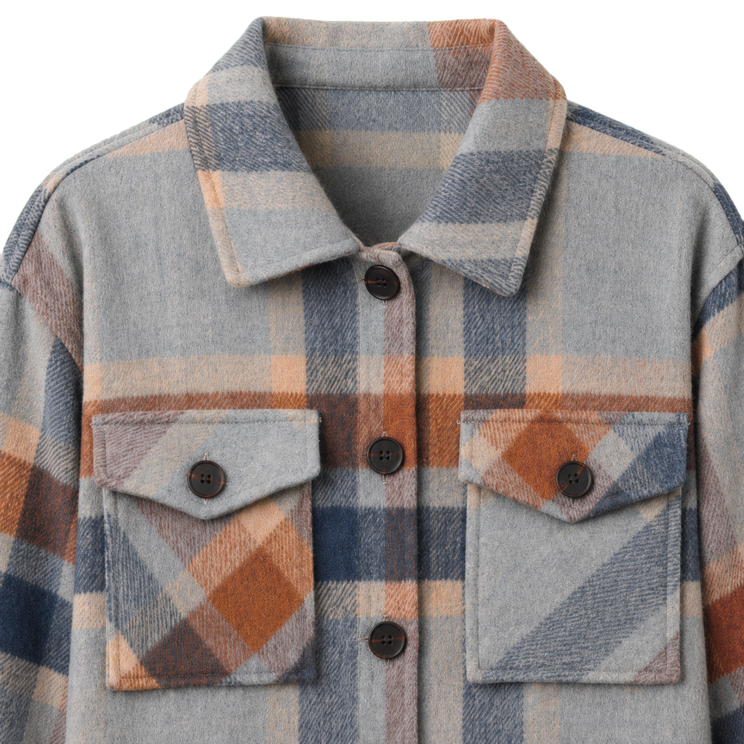 Harrow &amp; Quinn Amelia Plaid Jacket in Stone Plaid collar chest pockets and plaid fabric detail transparent background