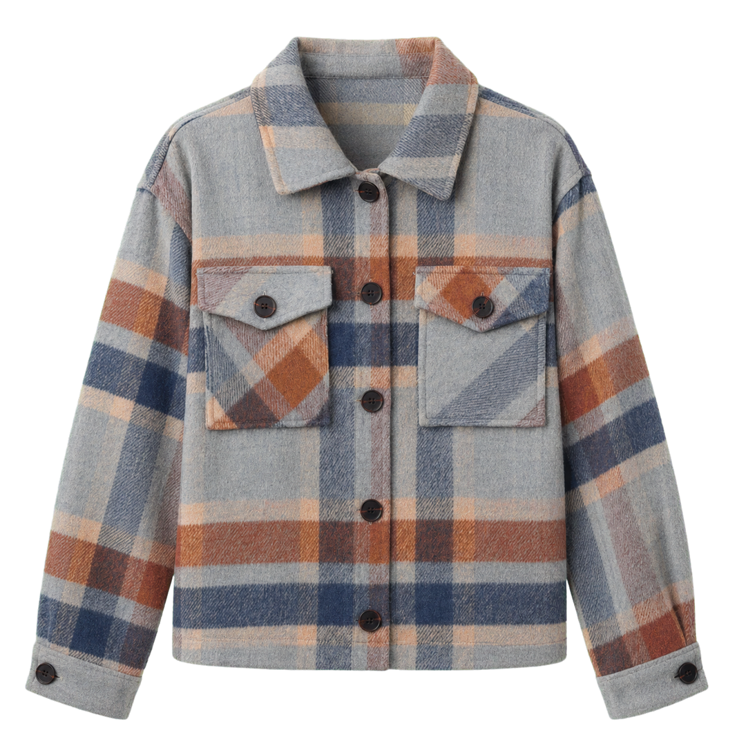 Harrow &amp; Quinn Amelia Plaid Jacket in Stone Plaid flat product image transparent background