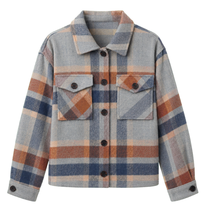 Harrow &amp; Quinn Amelia Plaid Jacket in Stone Plaid flat product image transparent background
