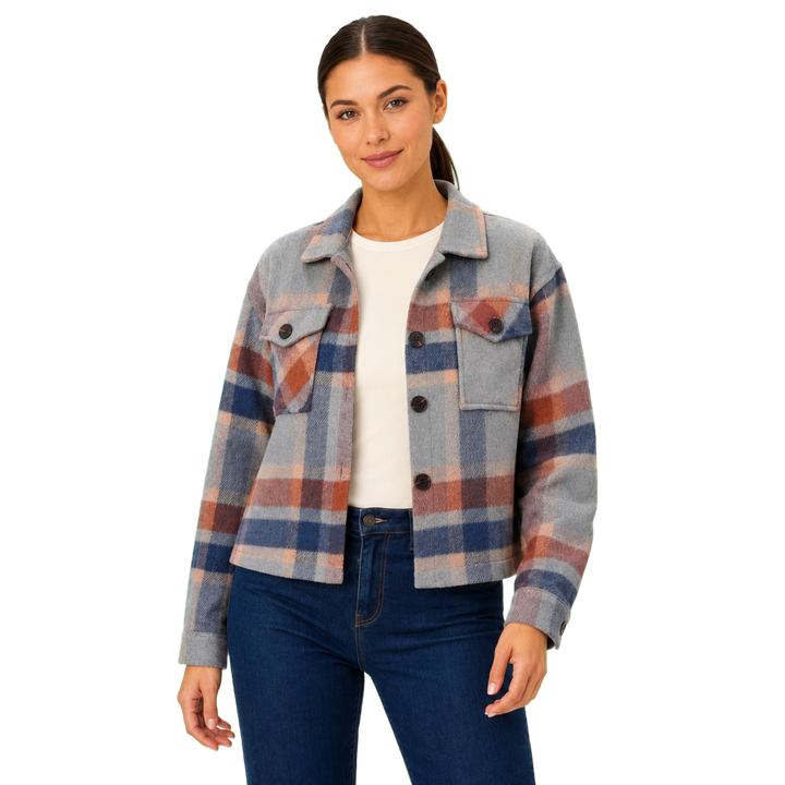 Harrow &amp; Quinn Amelia Plaid Jacket in Stone Plaid on late-20s model transparent hero image