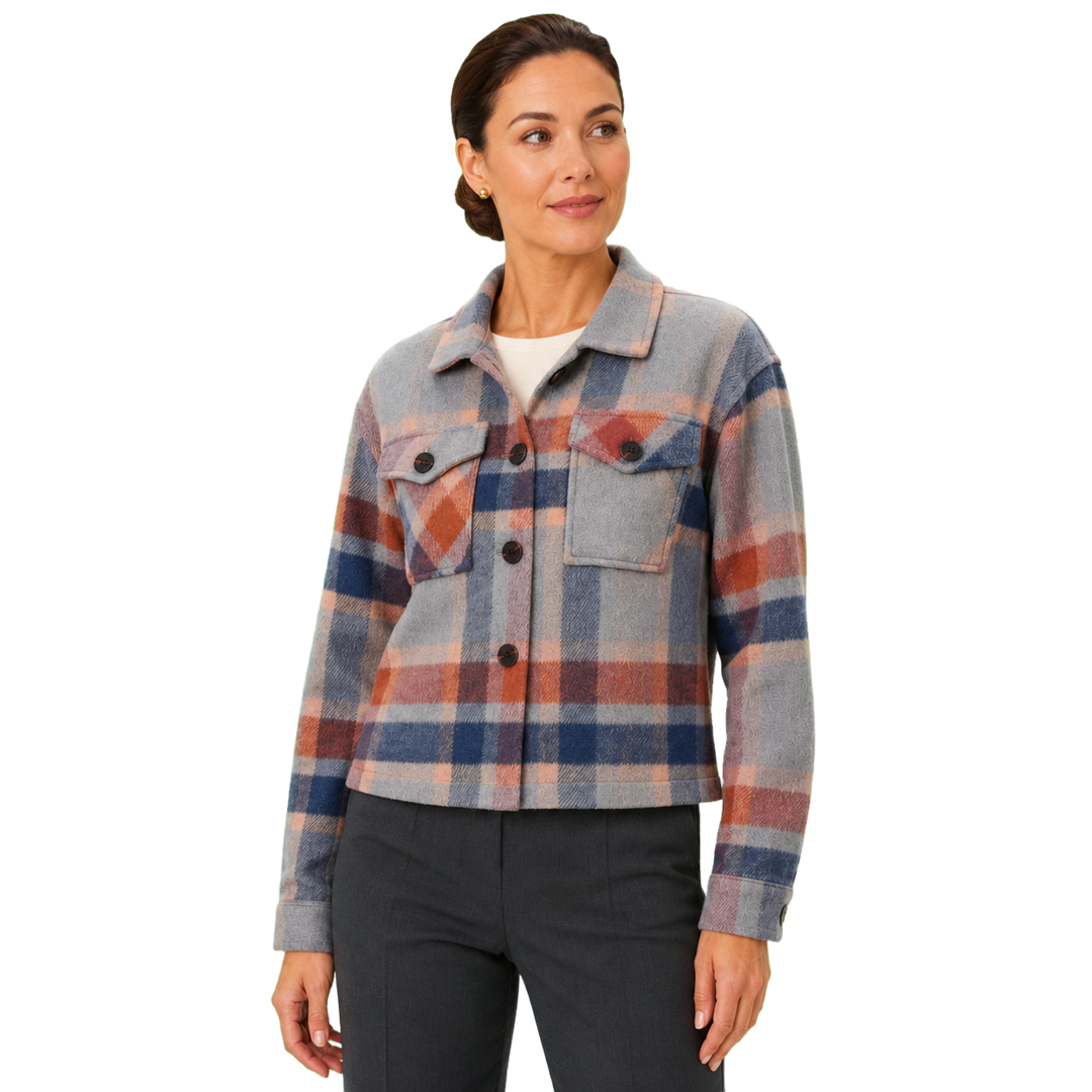 Harrow &amp; Quinn Amelia Plaid Jacket in Stone Plaid on late-30s model with tailored trousers transparent image
