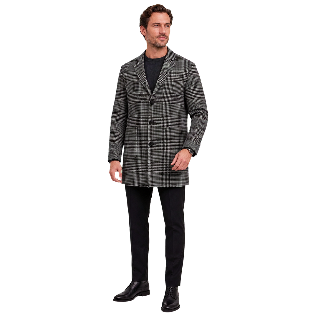 Ashford Glen Check Coat – Model styled with dark knit and tailored trousers