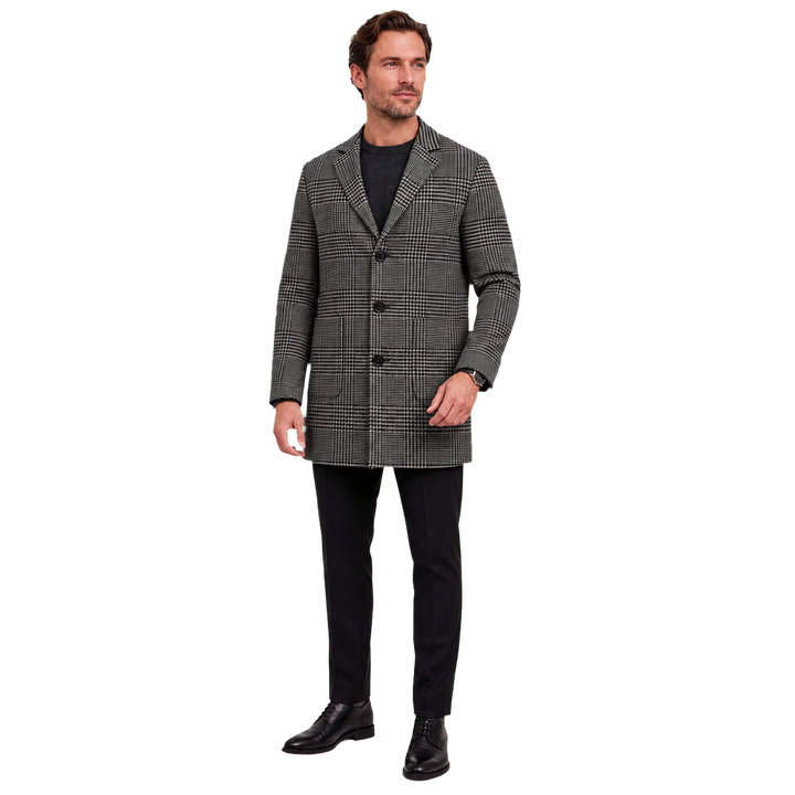 Ashford Glen Check Coat – Model styled with dark knit and tailored trousers