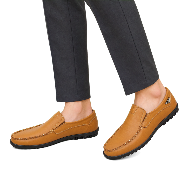 Camden Leather Driving Loafers in Cognac worn pair