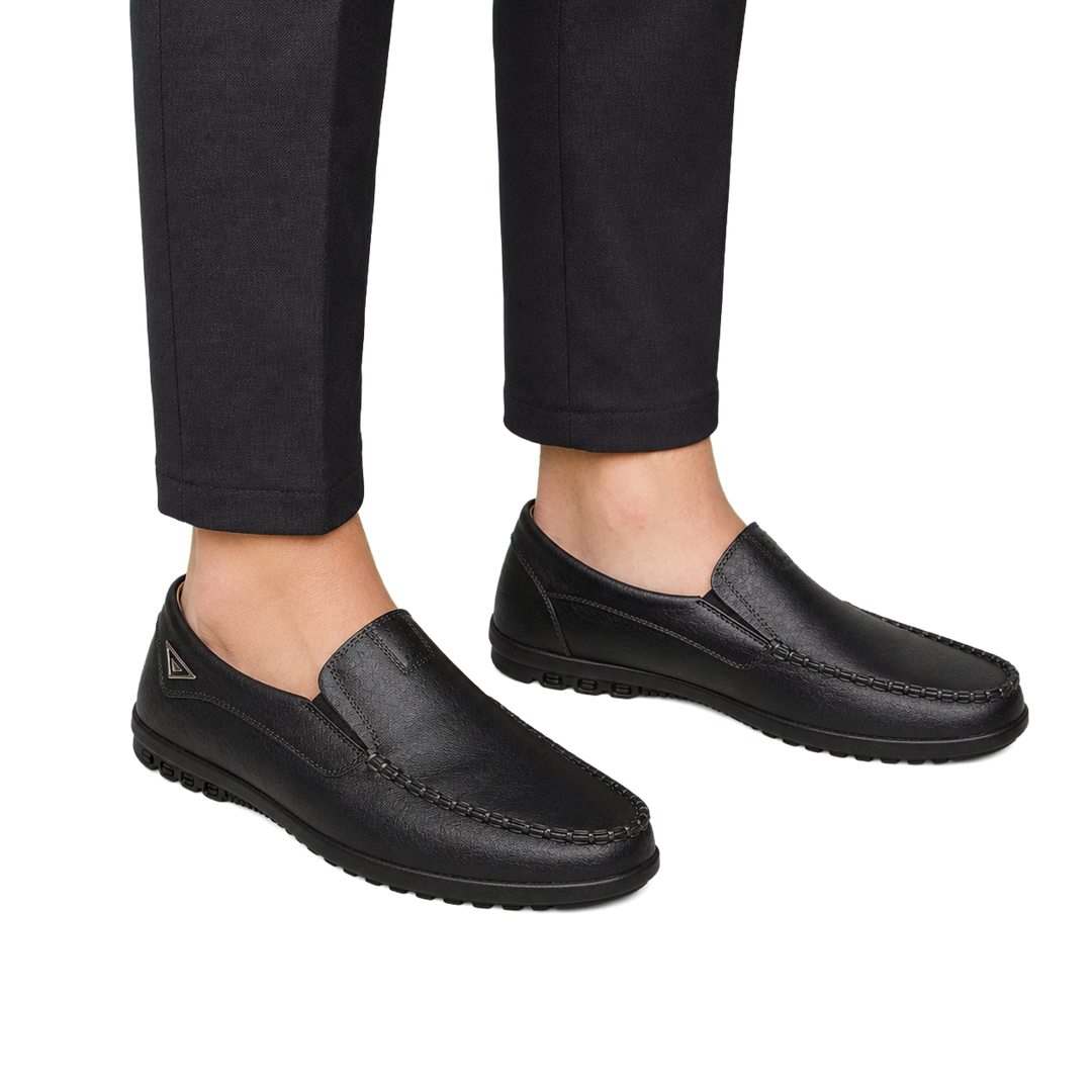 Camden Leather Driving Loafers in Onyx worn pair