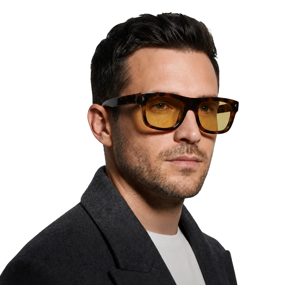 Harrow &amp; Quinn Charlie Polarized Square Sunglasses in Tortoiseshell worn by a man on a transparent background