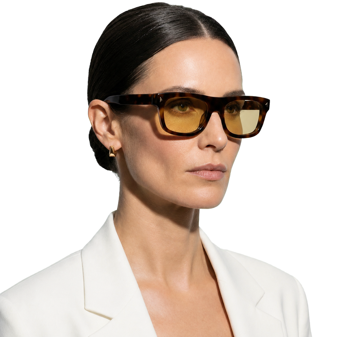 Harrow & Quinn Charlie Polarized Square Sunglasses in Tortoiseshell worn by a woman on a transparent background