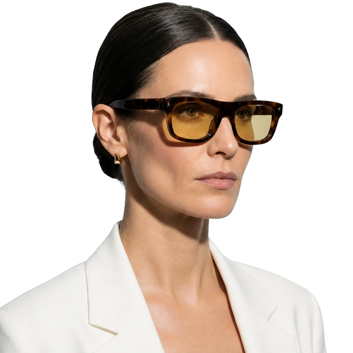Harrow &amp; Quinn Charlie Polarized Square Sunglasses in Tortoiseshell worn by a woman on a transparent background