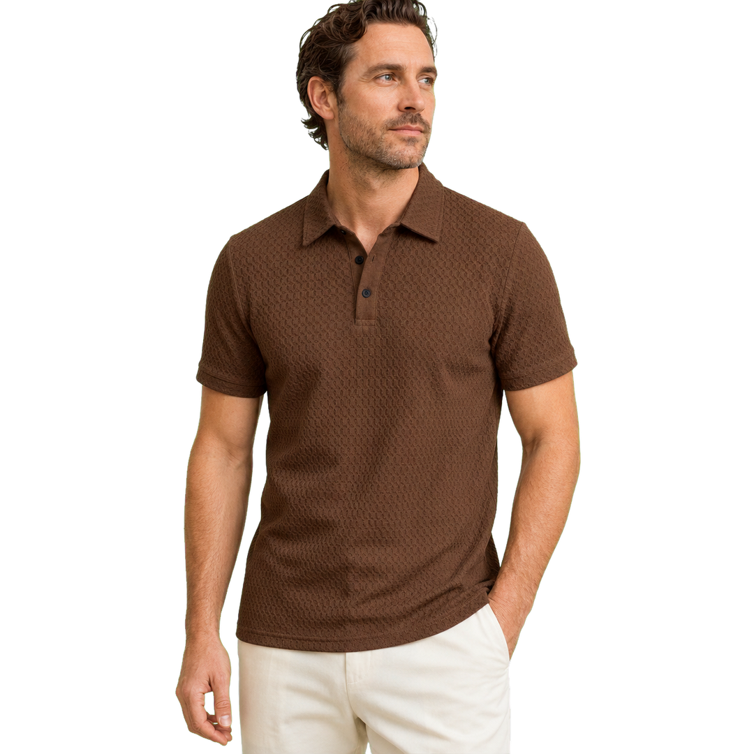 Harrow & Quinn Emerson Polo in Walnut on model transparent hero image