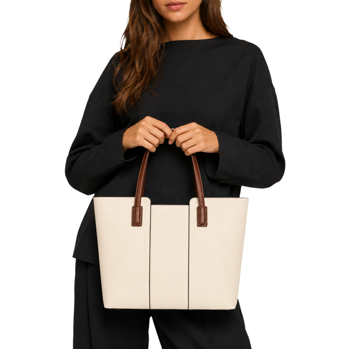 Harrow &amp; Quinn Sloane Leather Work Tote in Ivory editorial model hero transparent image