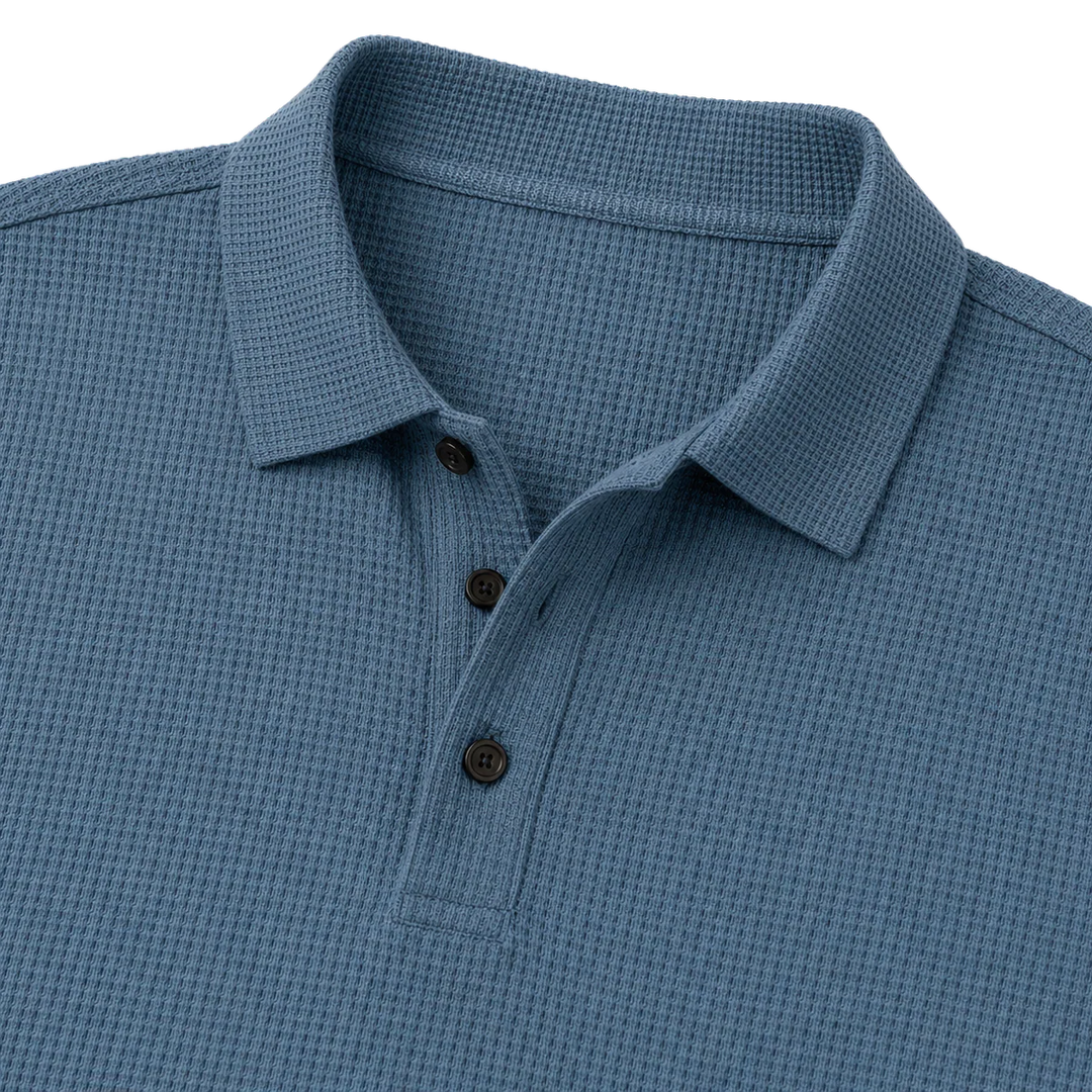 Harrow &amp; Quinn Mercer Ice Silk Polo in Slate collar placket and waffle fabric detail