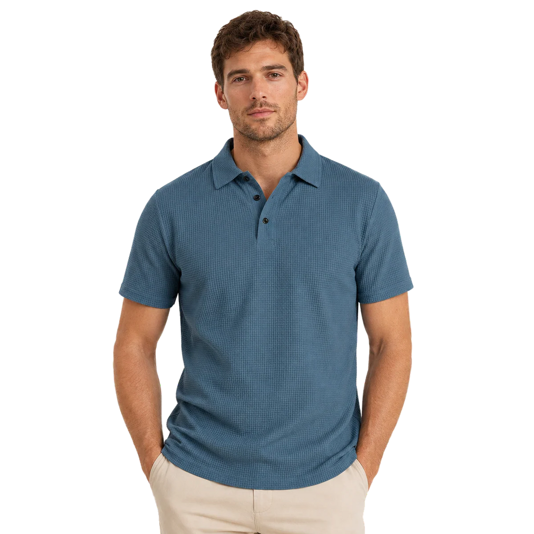 Harrow & Quinn Mercer Ice Silk Polo in Slate on model transparent hero image