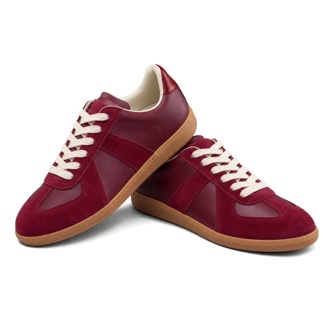 Harrow & Quinn Nora Leather Sneakers in Crimson paired product image transparent background