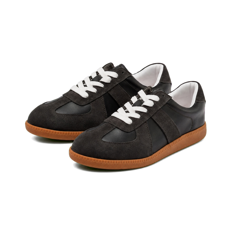 Harrow &amp; Quinn Nora Leather Sneakers in Onyx paired side view transparent background