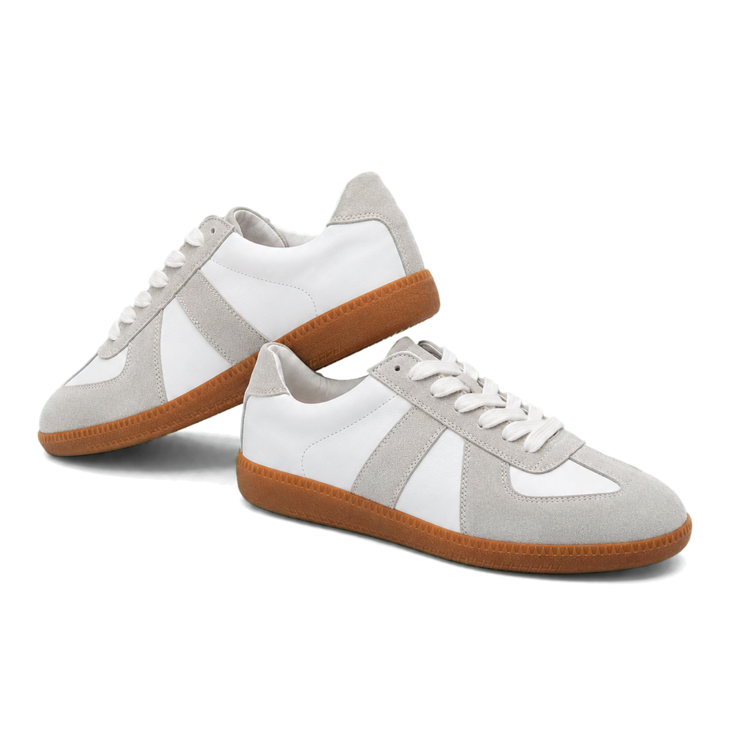 Harrow & Quinn Nora Leather Sneakers in Stone paired product image transparent background