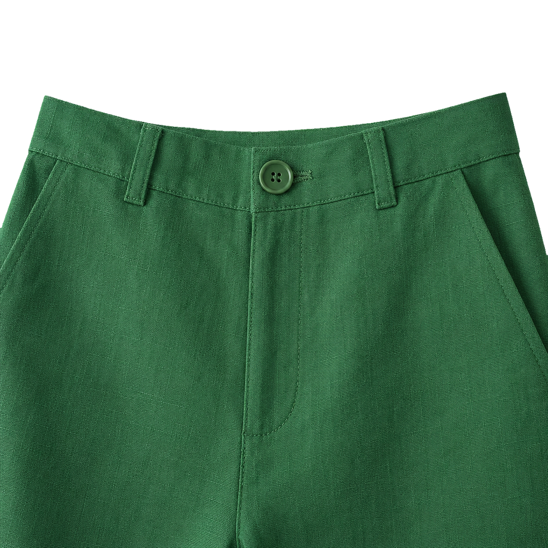 Harrow &amp; Quinn Savannah Tailored Bermuda Shorts in Emerald waistband button fly pocket and plain woven fabric detail