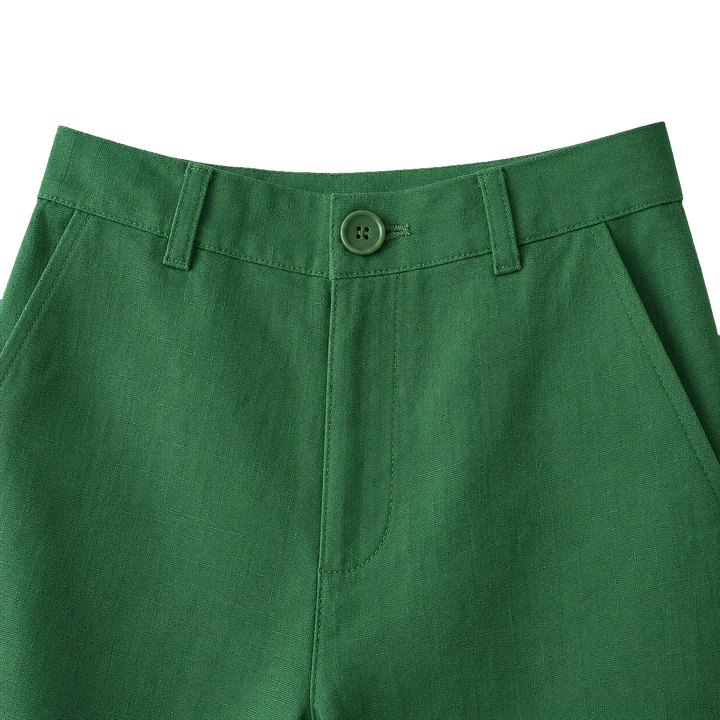 Harrow &amp; Quinn Savannah Tailored Bermuda Shorts in Emerald waistband button fly pocket and plain woven fabric detail