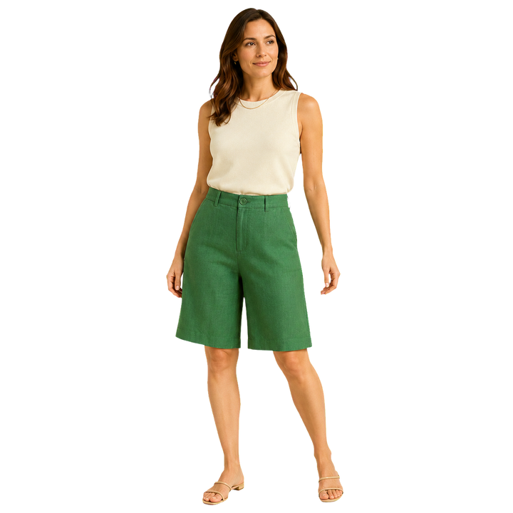 Harrow &amp; Quinn Savannah Tailored Bermuda Shorts in Emerald on model transparent hero image