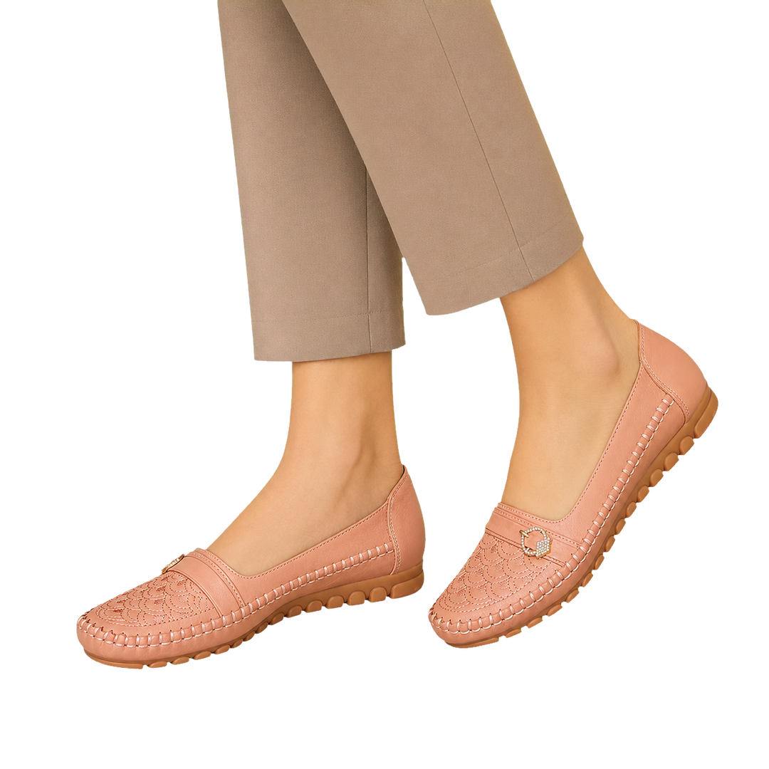 Harrow & Quinn Sienna Embroidered Loafers in Blush worn close-up transparent background