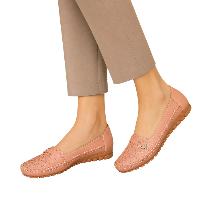 Harrow &amp; Quinn Sienna Embroidered Loafers in Blush worn close-up transparent background