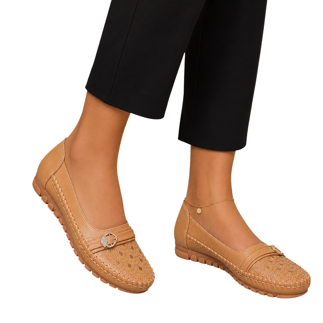 Harrow & Quinn Sienna Embroidered Loafers in Cognac worn close-up transparent background