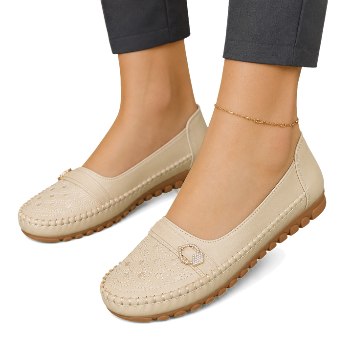 Harrow &amp; Quinn Sienna Embroidered Loafers in Ivory worn close-up transparent background