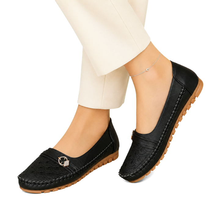 Harrow &amp; Quinn Sienna Embroidered Loafers in Onyx worn close-up transparent background