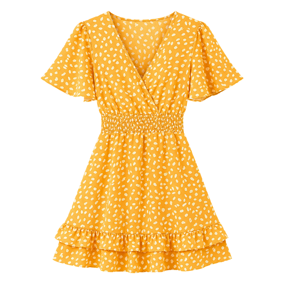 Harrow &amp; Quinn Willow Floral V-Neck Mini Dress in Marigold flat product image transparent background