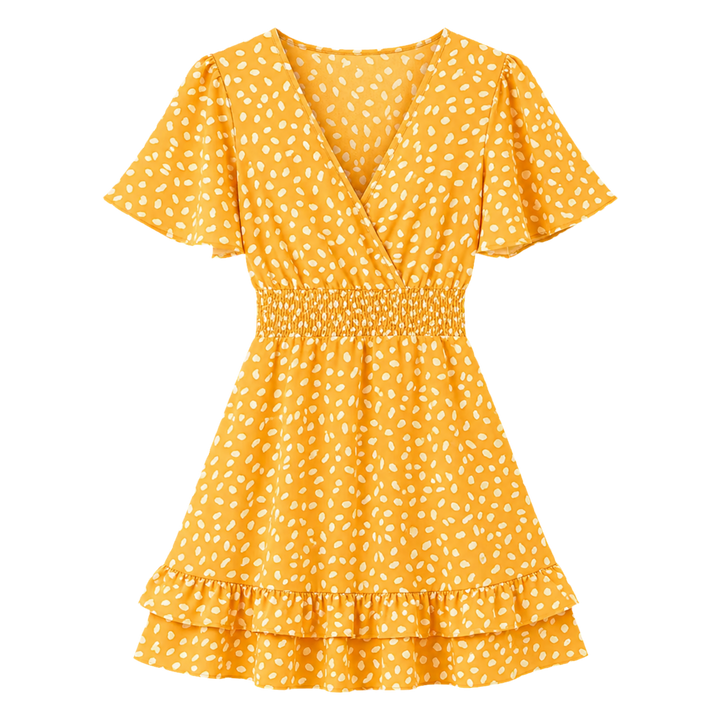 Harrow &amp; Quinn Willow Floral V-Neck Mini Dress in Marigold flat product image transparent background