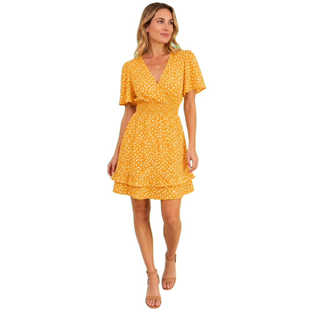 Harrow & Quinn Willow Floral V-Neck Mini Dress in Marigold on model transparent hero image