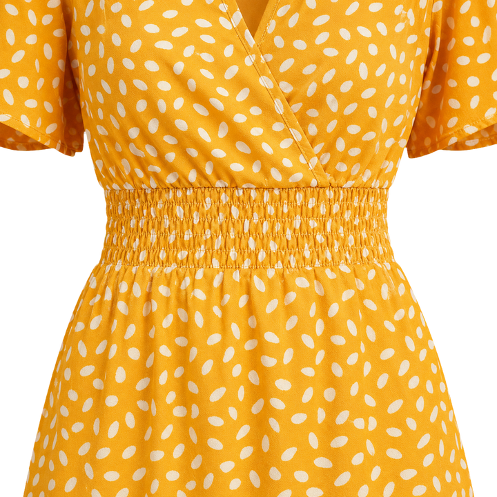 Harrow &amp; Quinn Willow Floral V-Neck Mini Dress in Marigold smocked waist and wrap bodice detail transparent background