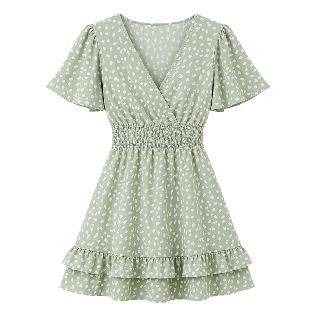 Harrow & Quinn Willow Floral V-Neck Mini Dress in Sage flat product image transparent background